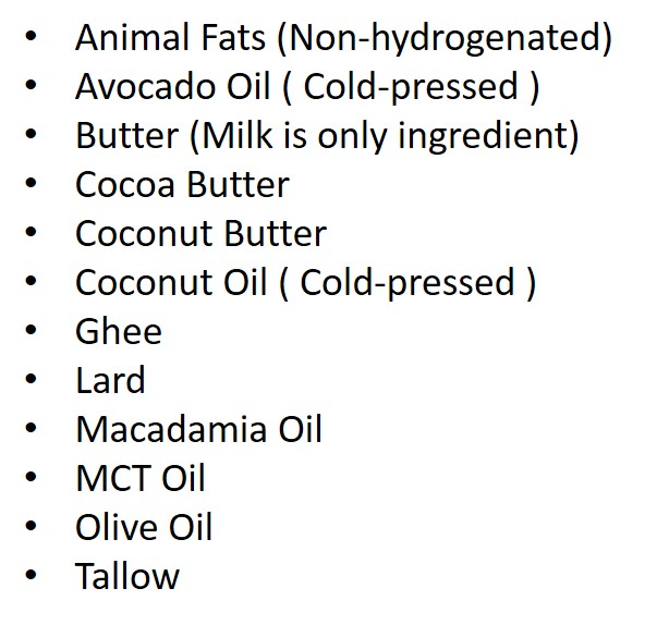 Types of Fats allowed on a healthy  Ketogenic Diet include tallow, lard, butter, avocado oil, coconut butter, cocoa butter, ghee, macadamia oil, and olive oil.