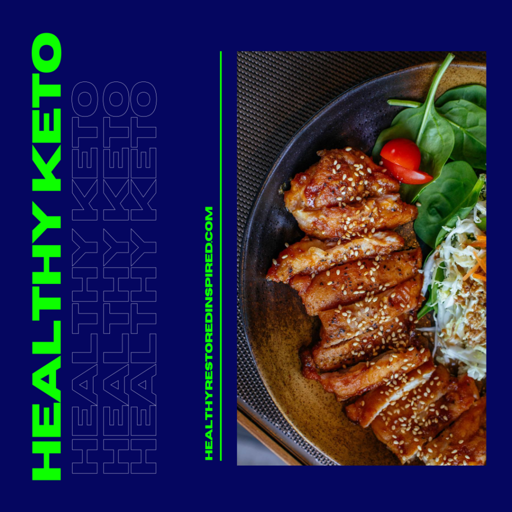 graphic depicts roasted chicken served with fresh greens and stylized fonts for this article about the healthy ketogenic diet.